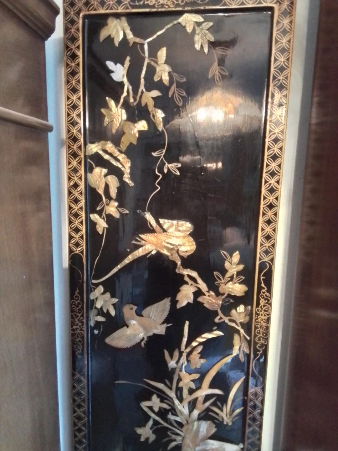 Vintage Black Lacquer Wall Panel with Birds and Flowers - photo 4