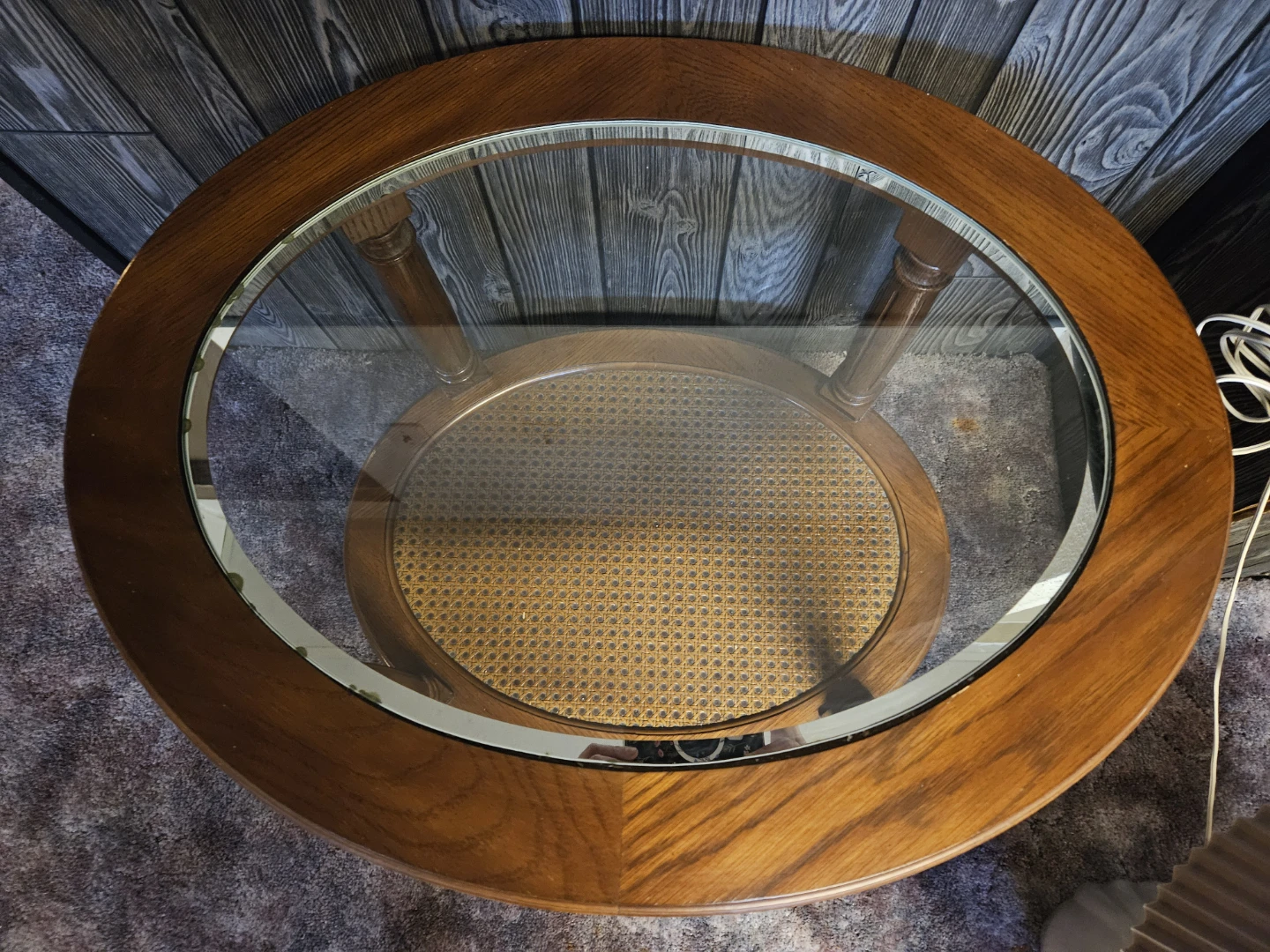 3 Oval Wood Tables with Glass Top and Cane Shelf