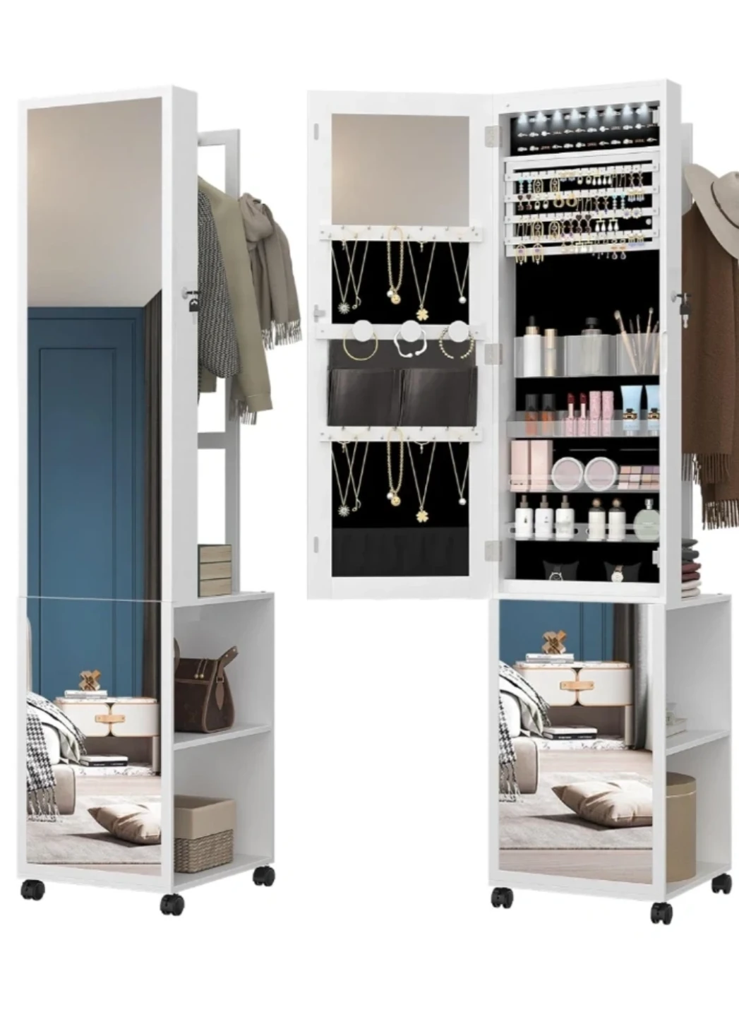 White Mirrored Jewelry Cabinet with LED Lights and Storage