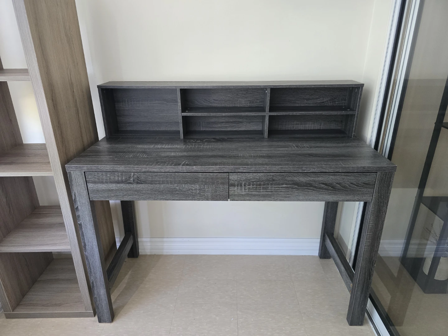 Grey Wood Writing Desk with Shelves and Drawers