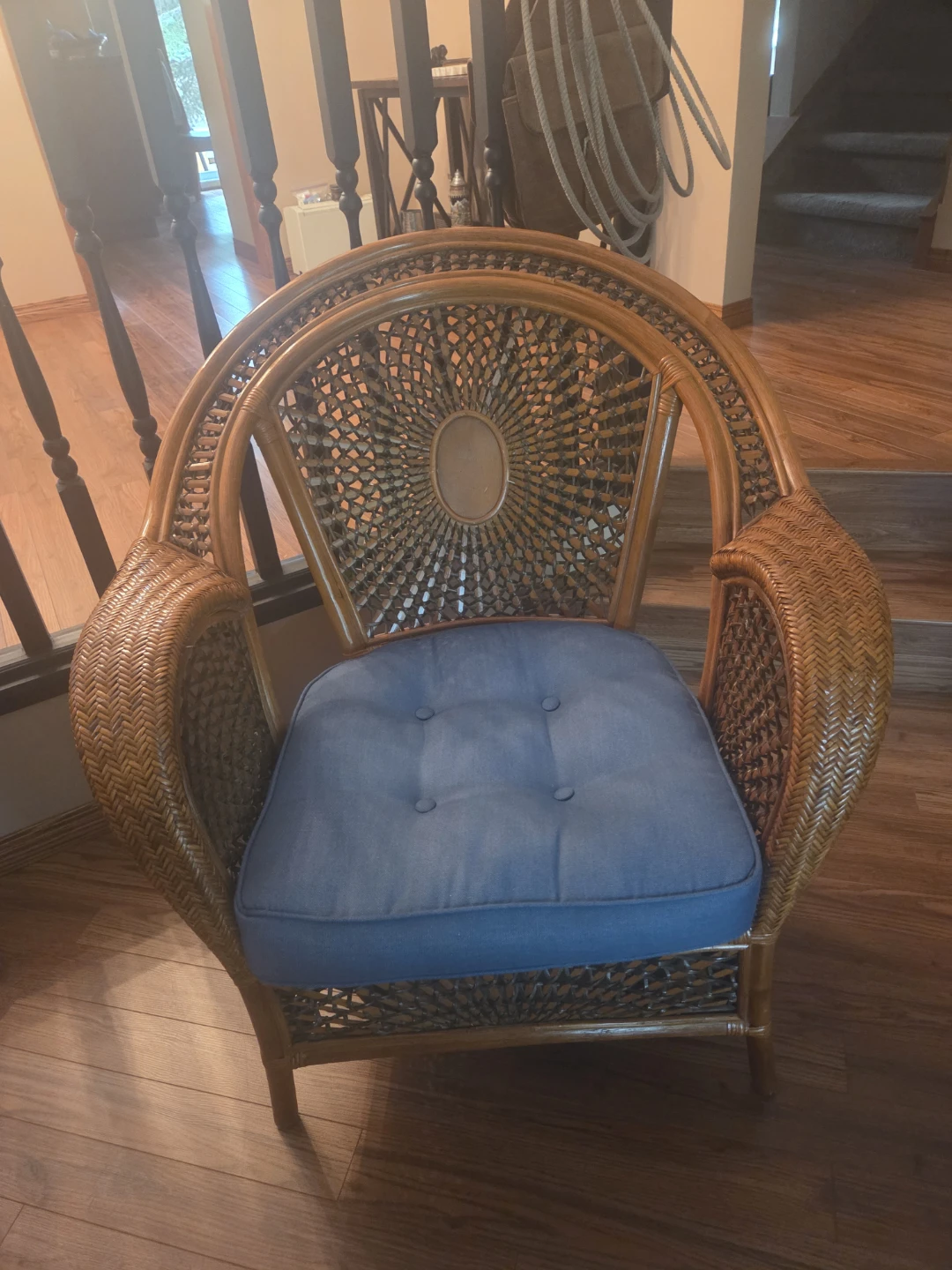 Wicker Armchair with Blue Cushion