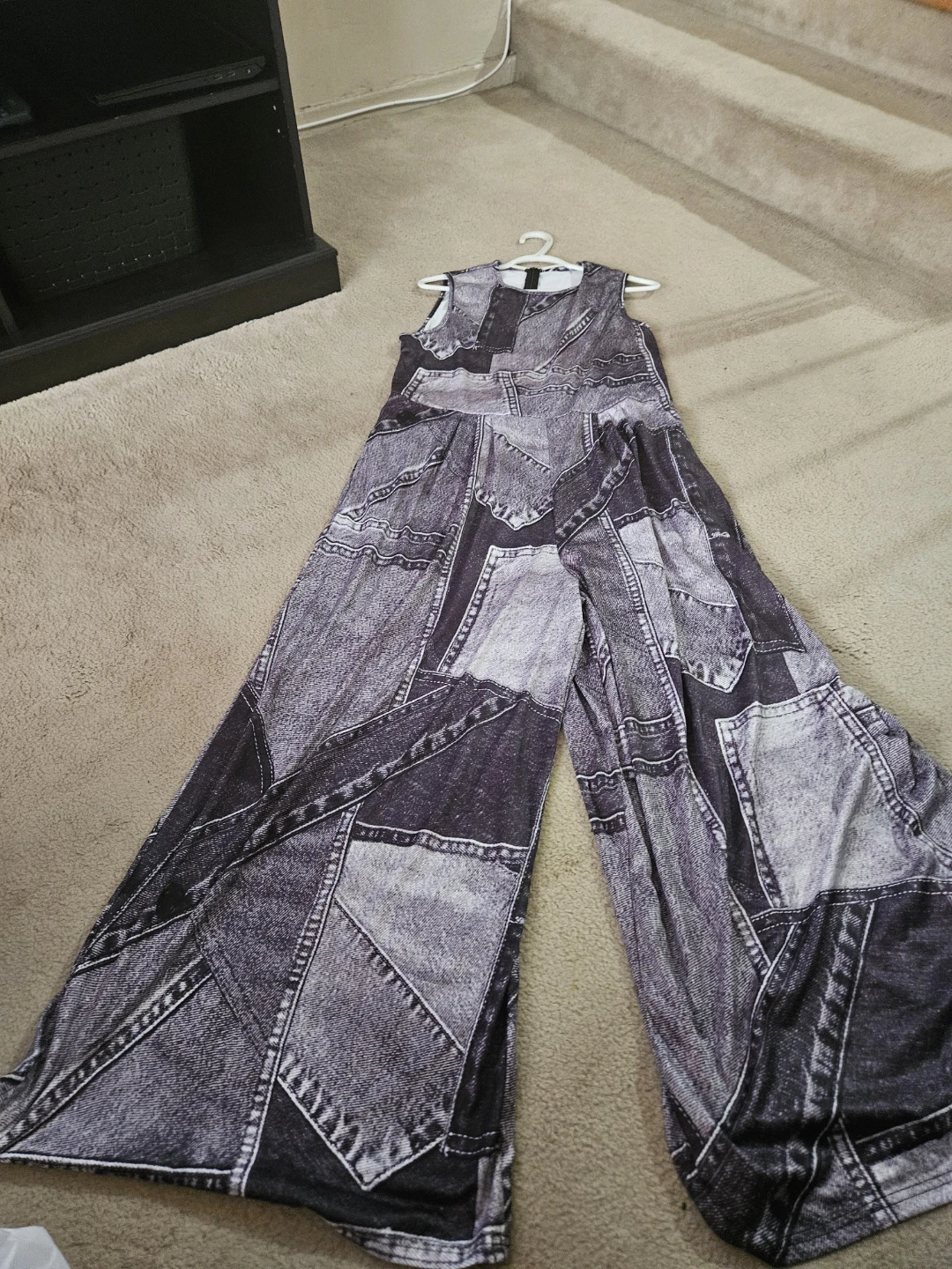 Denim Patchwork Wide Leg Jumpsuit