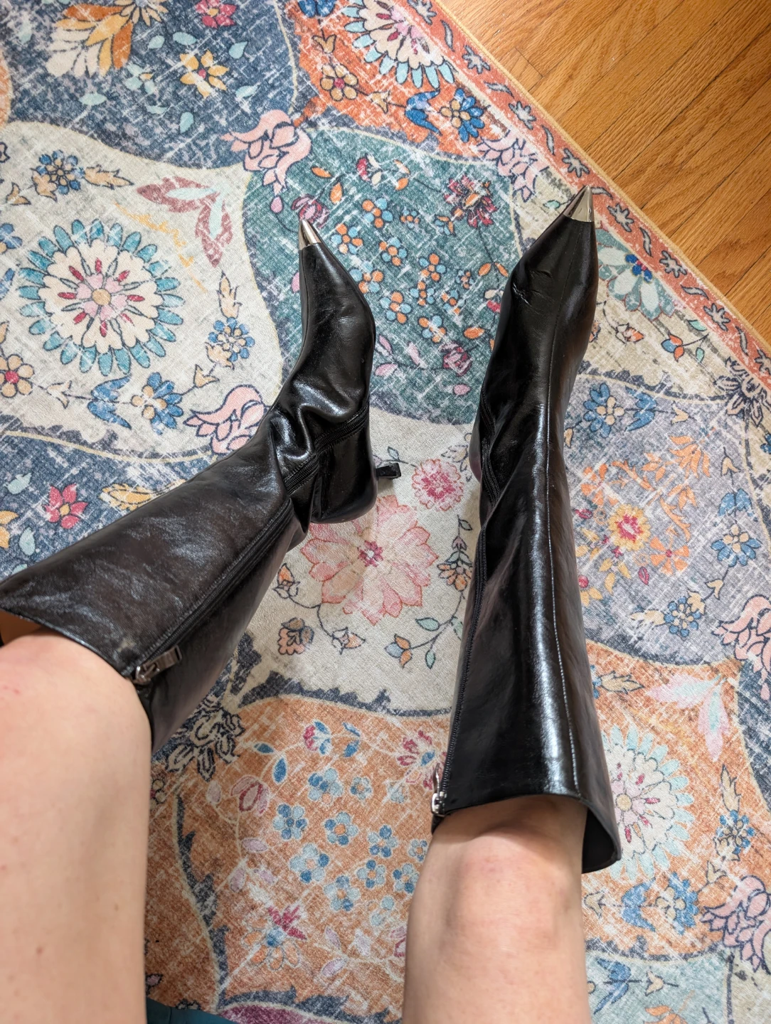 Black genuine leather kitten heel boots
