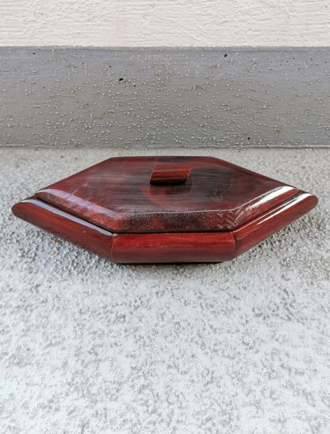 Vintage Hand Carved Hardwood Large Geometric Lidded Jewelry Box