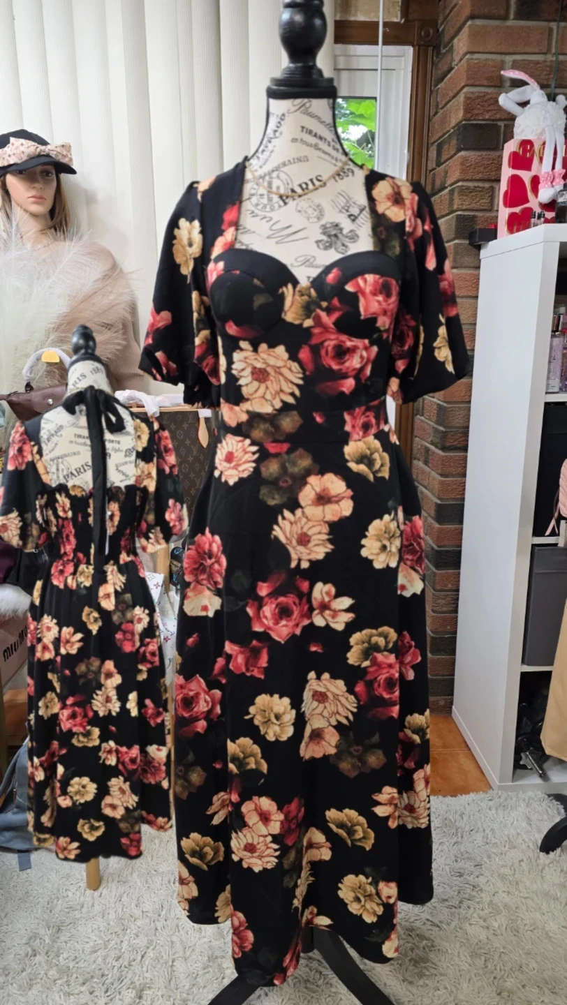 Black floral print midi dress