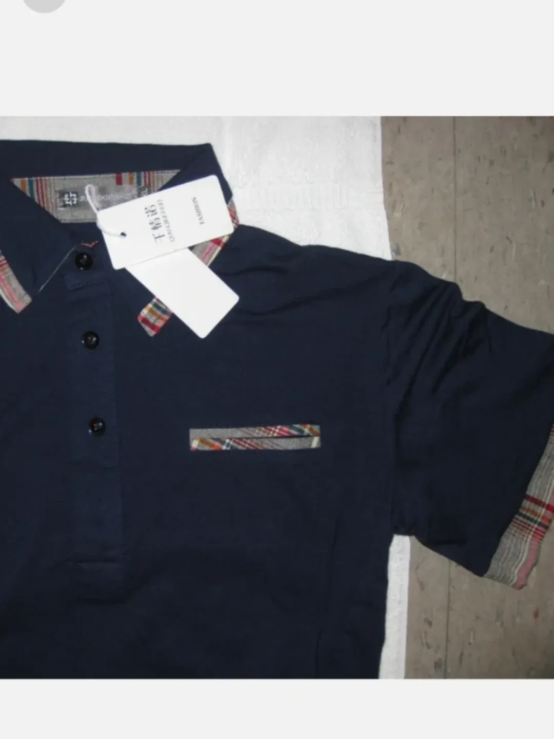 NEW Navy Blue Men's Polo Shirt with Plaid Accents