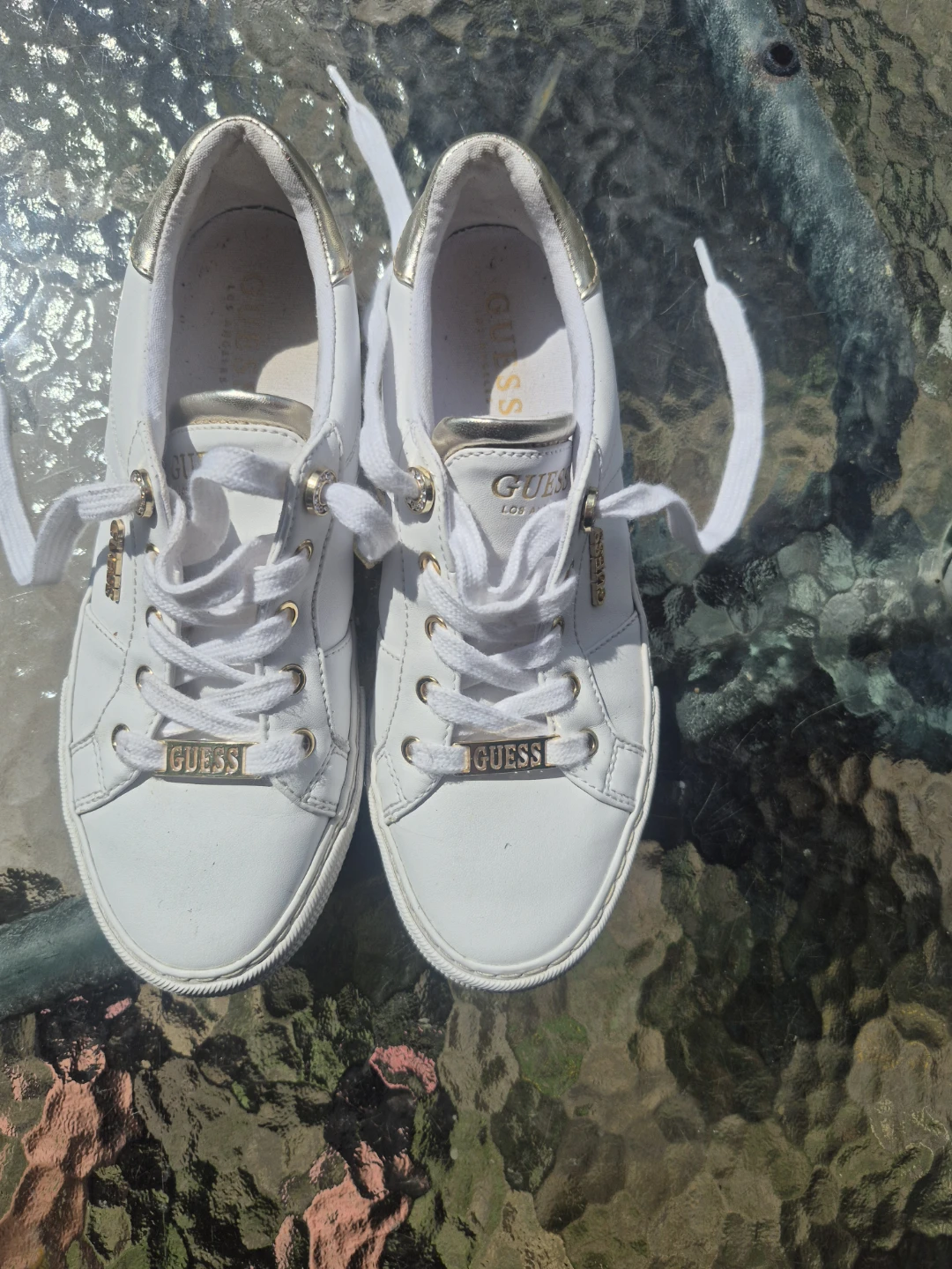 GUESS White & Gold Lace-Up Sneakers