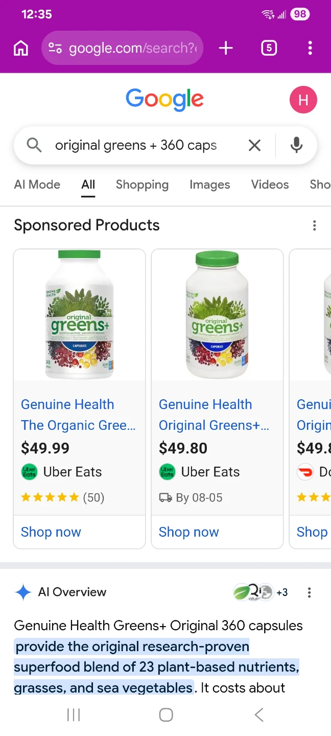 original greens + 360 caps. Genuine Health.