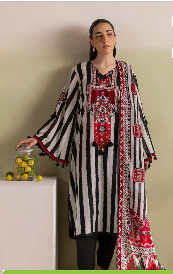 Women's Striped Kurti with Red and Black Geometric Print