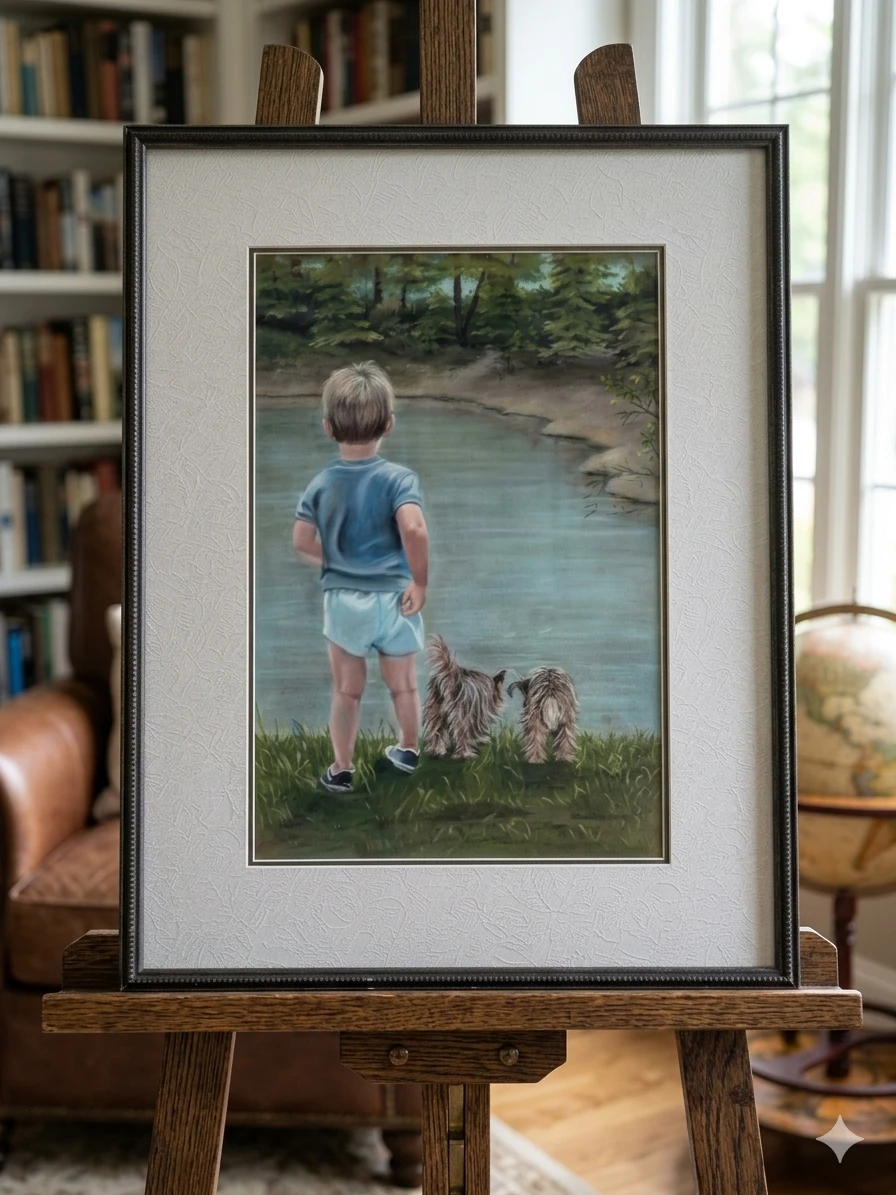 Original Painting by Helen Baradziej - Boy and Dogs by Water