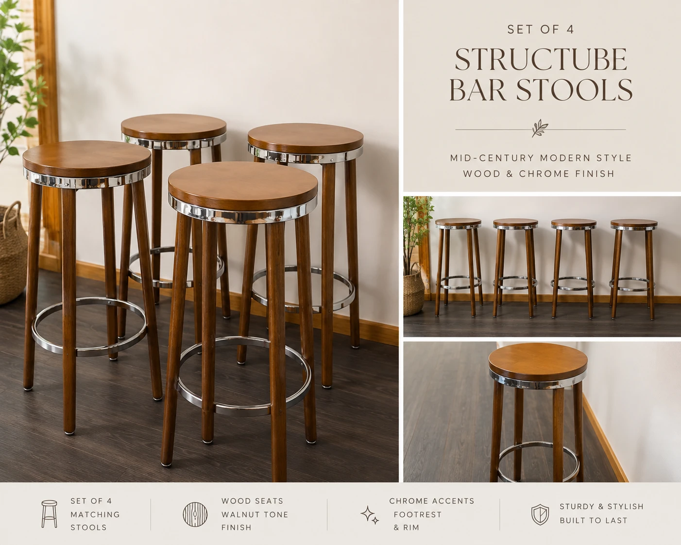 Set of 4 Structube Bar Stools - Mid-Century Modern Style