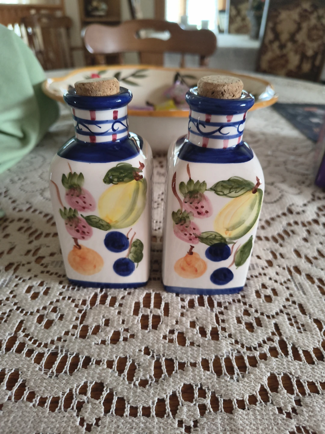 Ceramic fruit pattern oil and vinegar bottles with corks