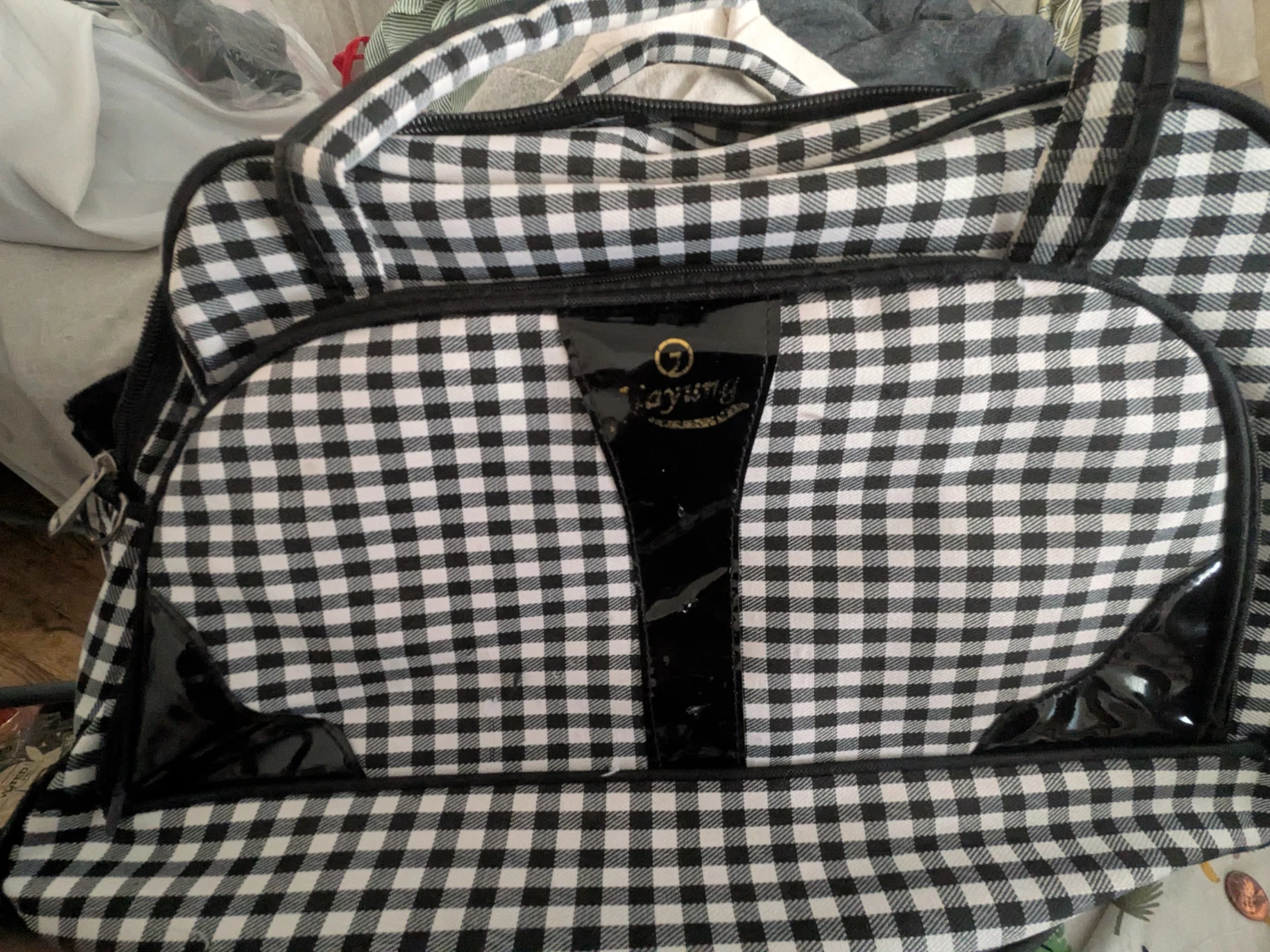 Jinyong Black and White Gingham Duffel Bag