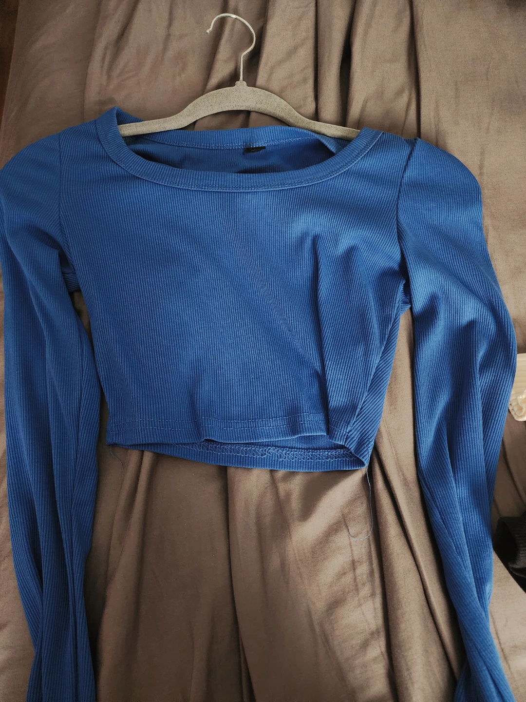 Blue Ribbed Long Sleeve Cropped Top SHEIN