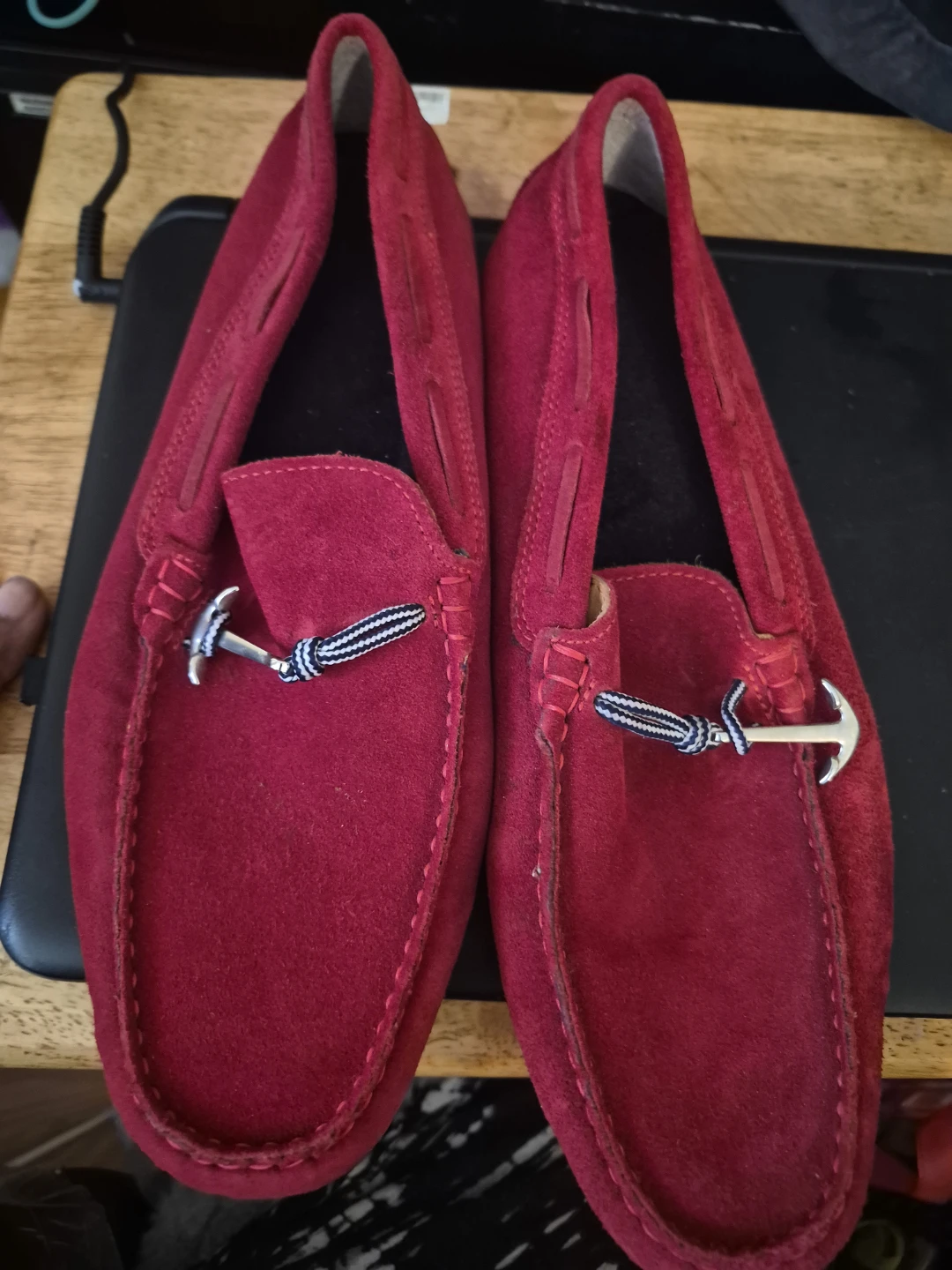 Red Suede Driving Moccasins with Anchor Detail