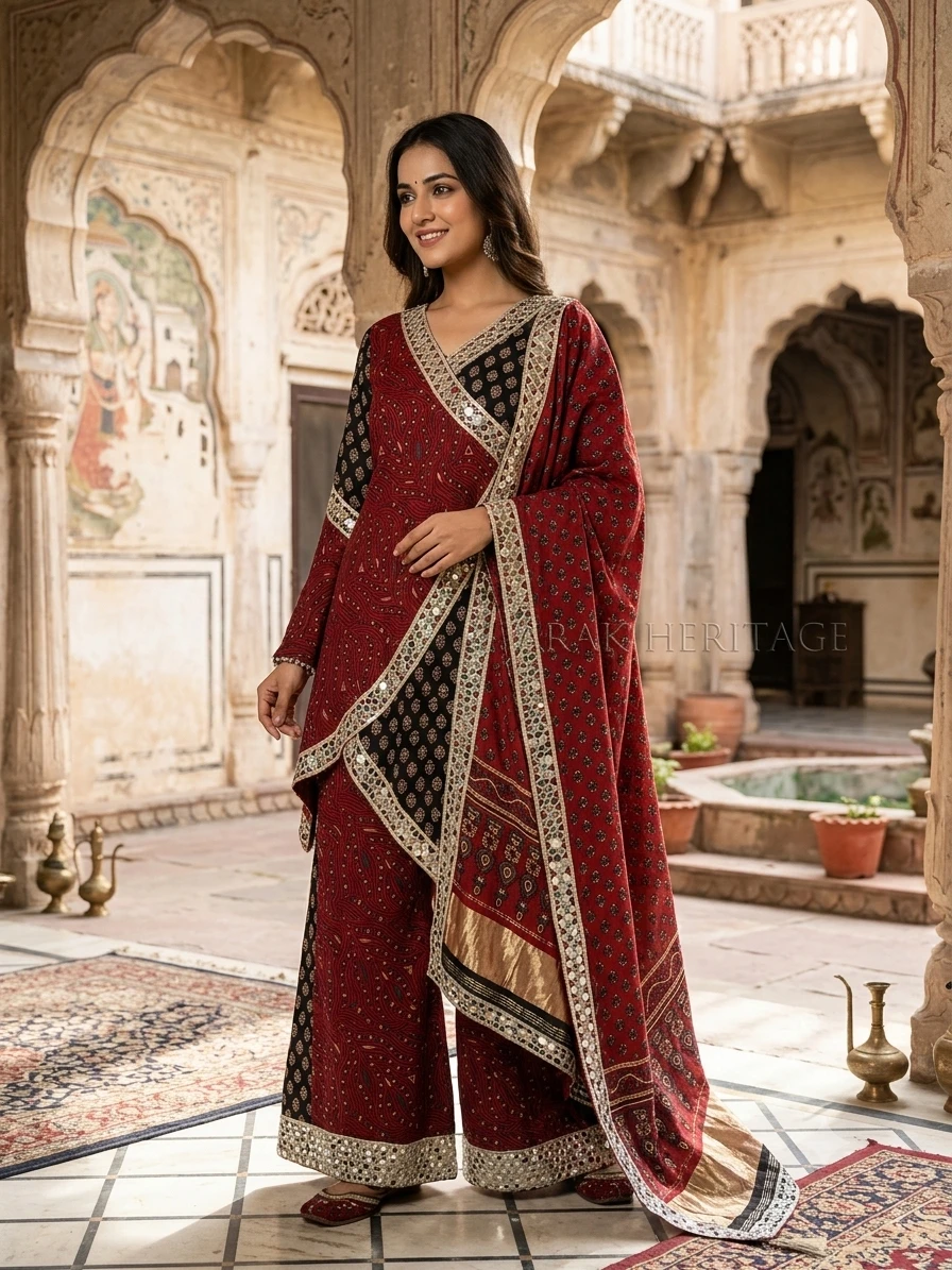 Ajrakh Printed Kurti & Palazzo Set with Heavy Dupatta