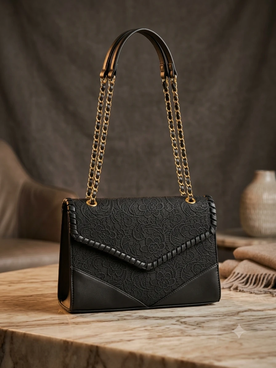 Black Lace Shoulder Bag with Gold Chain