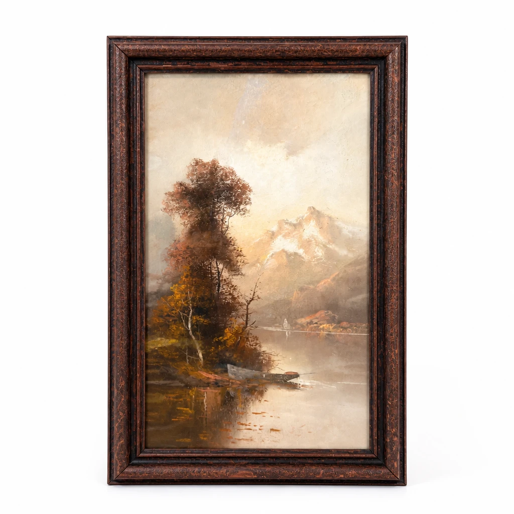 Framed Landscape Painting of Mountains and Lake