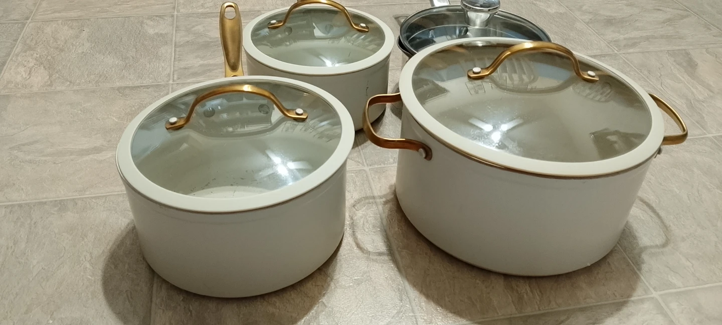 White Pot and Pan Set with Gold Handles