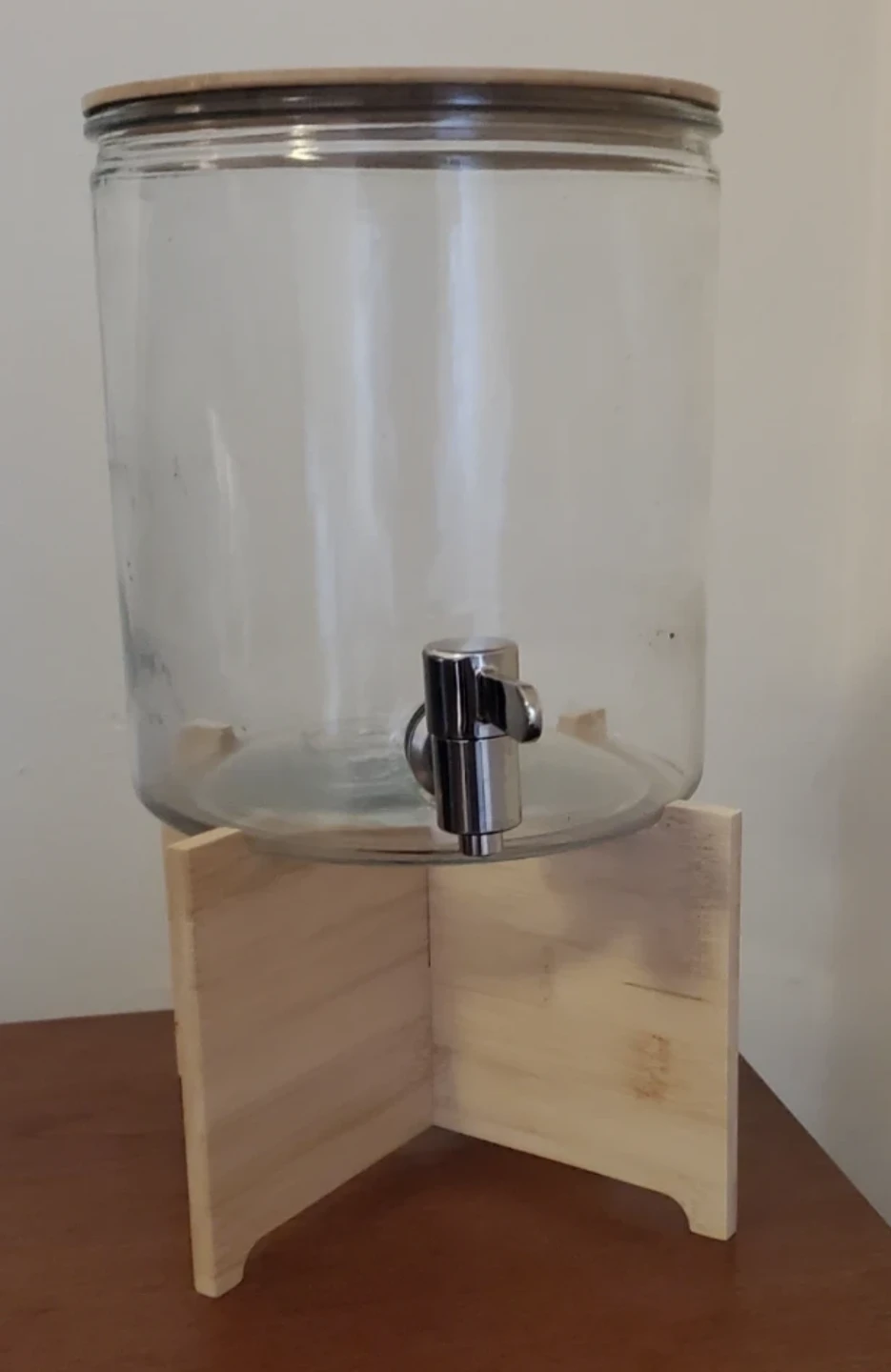 Glass Drink Dispenser with Wooden Lid and Stand