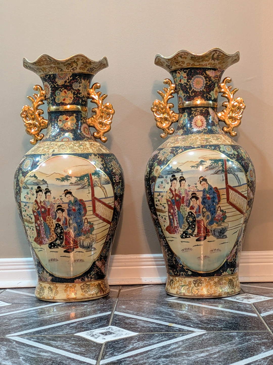 Pair of Large Vintage Satsuma-Style Ceramic Floor Vases