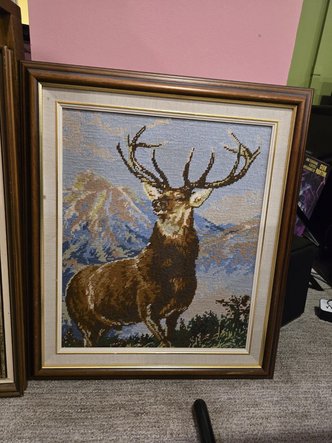 Framed Needlepoint Art - Elk and Mountains - photo 2