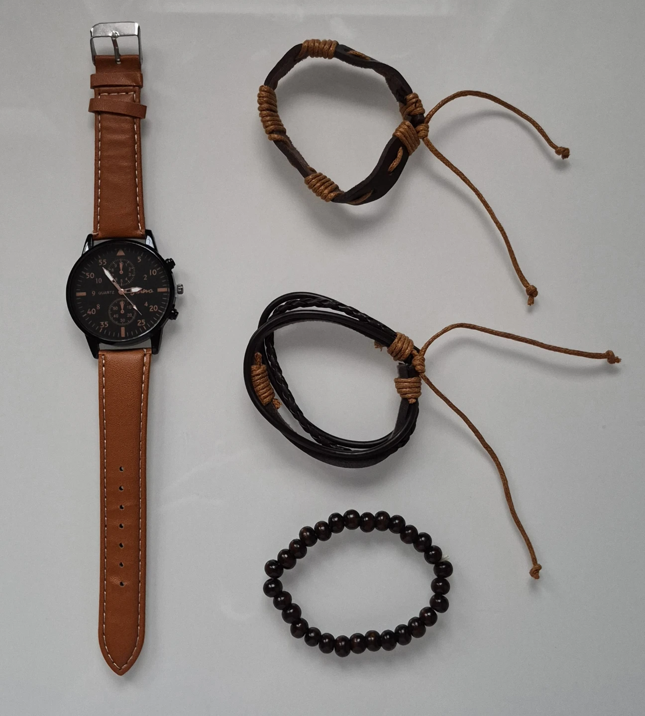 Classic Brown Men’s Watch + 3 Bracelets — $10