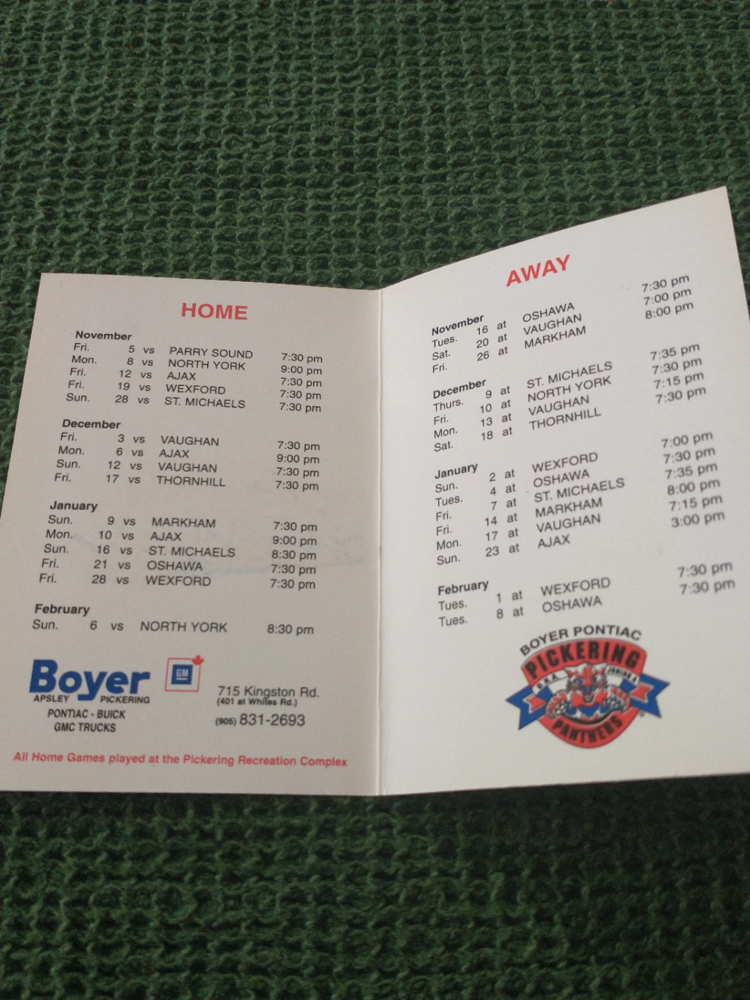Pickering Panthers OHA Junior A Home & Away Schedule 1999-2000 - photo 2