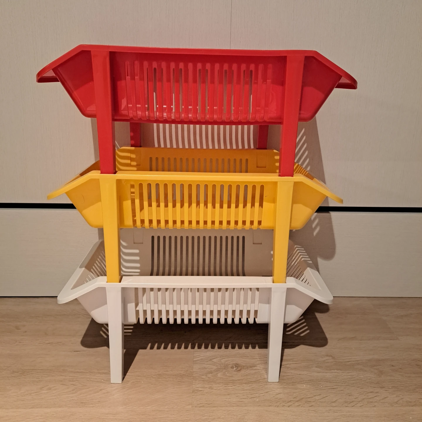 Set of 3 Stackable Plastic Baskets - Red, White, Yellow