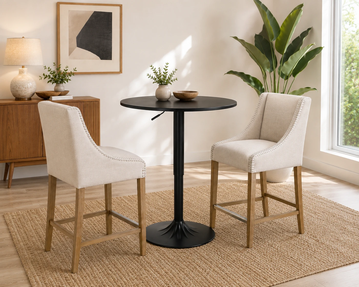 Two Upholstered Counter Height Bar Stools and Adgustable Table