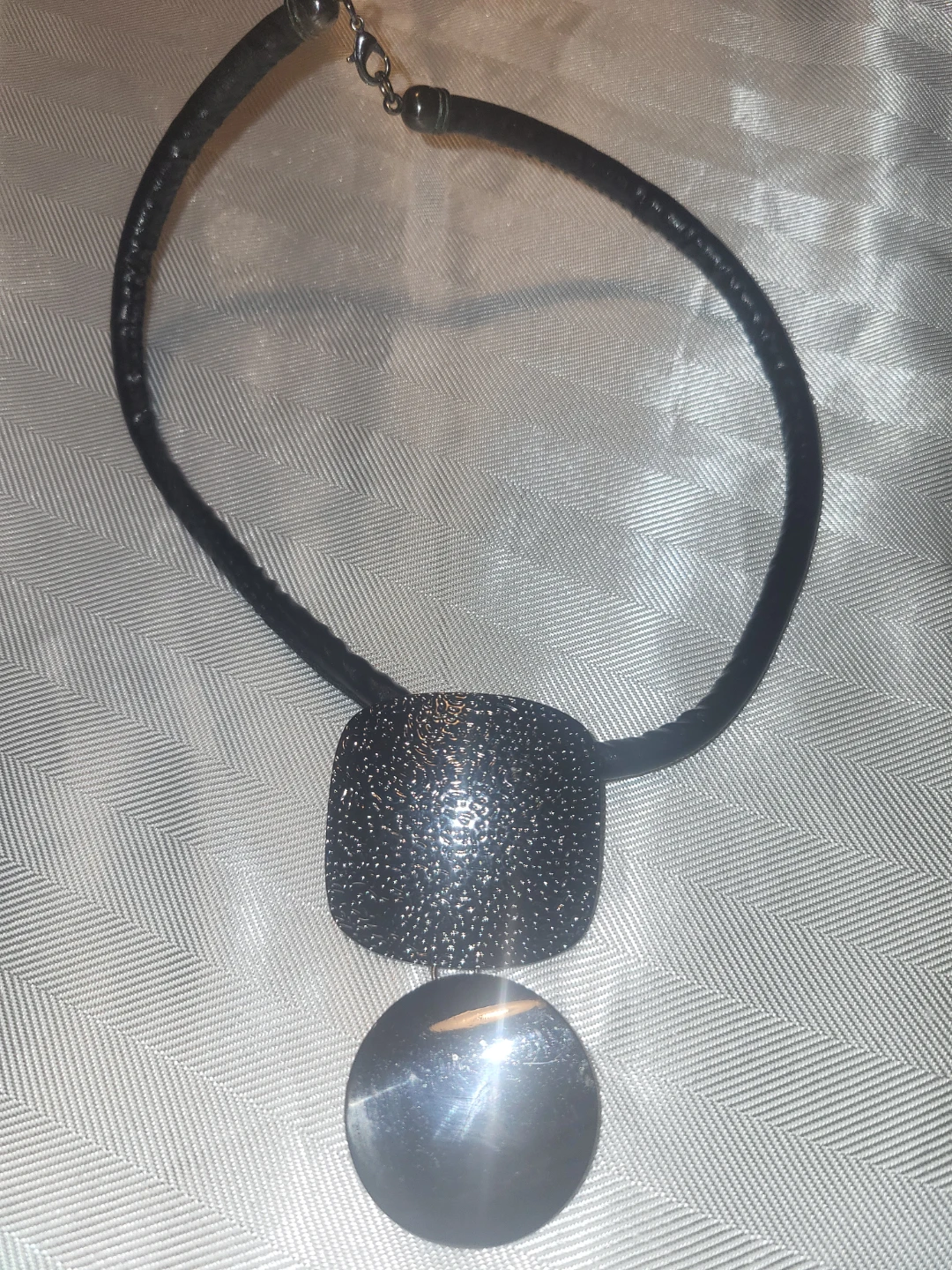 Black Pendant Necklace with Leather Cord