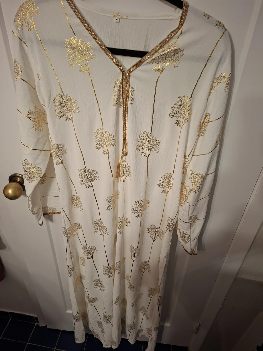 White Kaftan Dress with Gold Tree Pattern Size M