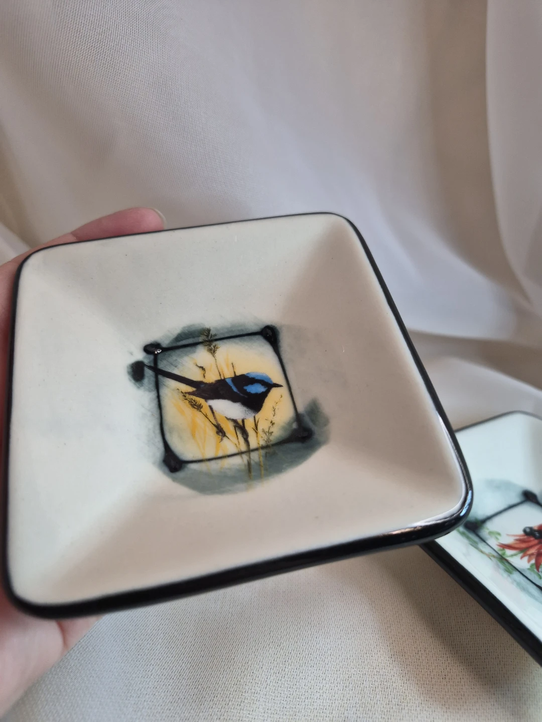 Pair of Hand Painted 3 1/2" x 3 1/2" Pottery Trinket Sauce Etc. - photo 2