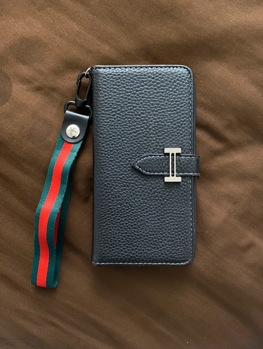 Black Leather Wallet Phone Case with Strap