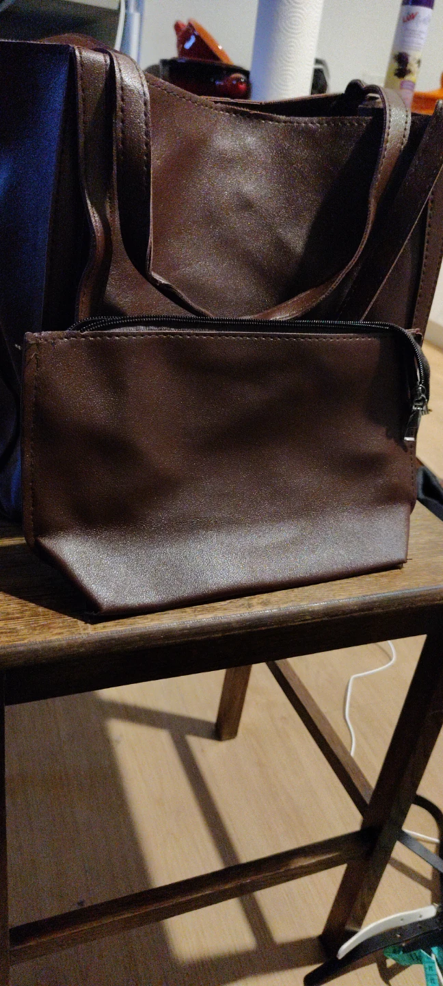 Brown Faux Leather Tote Bag with Pouch - photo 2