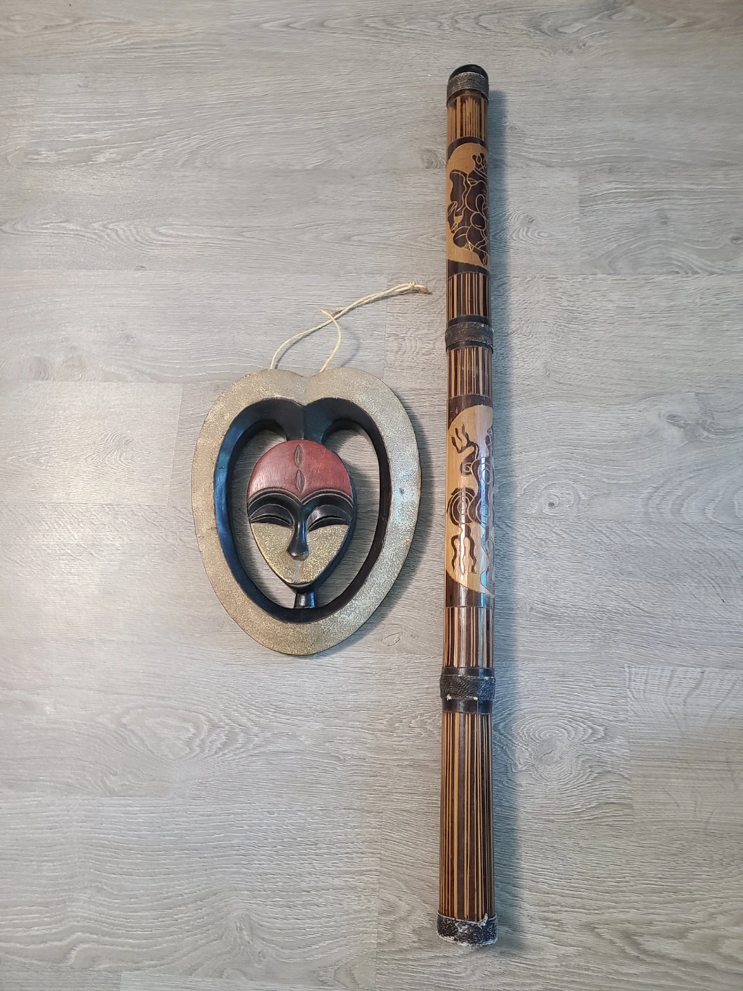 Artisan Carved Wood Face Sculpture and Didgeridoo