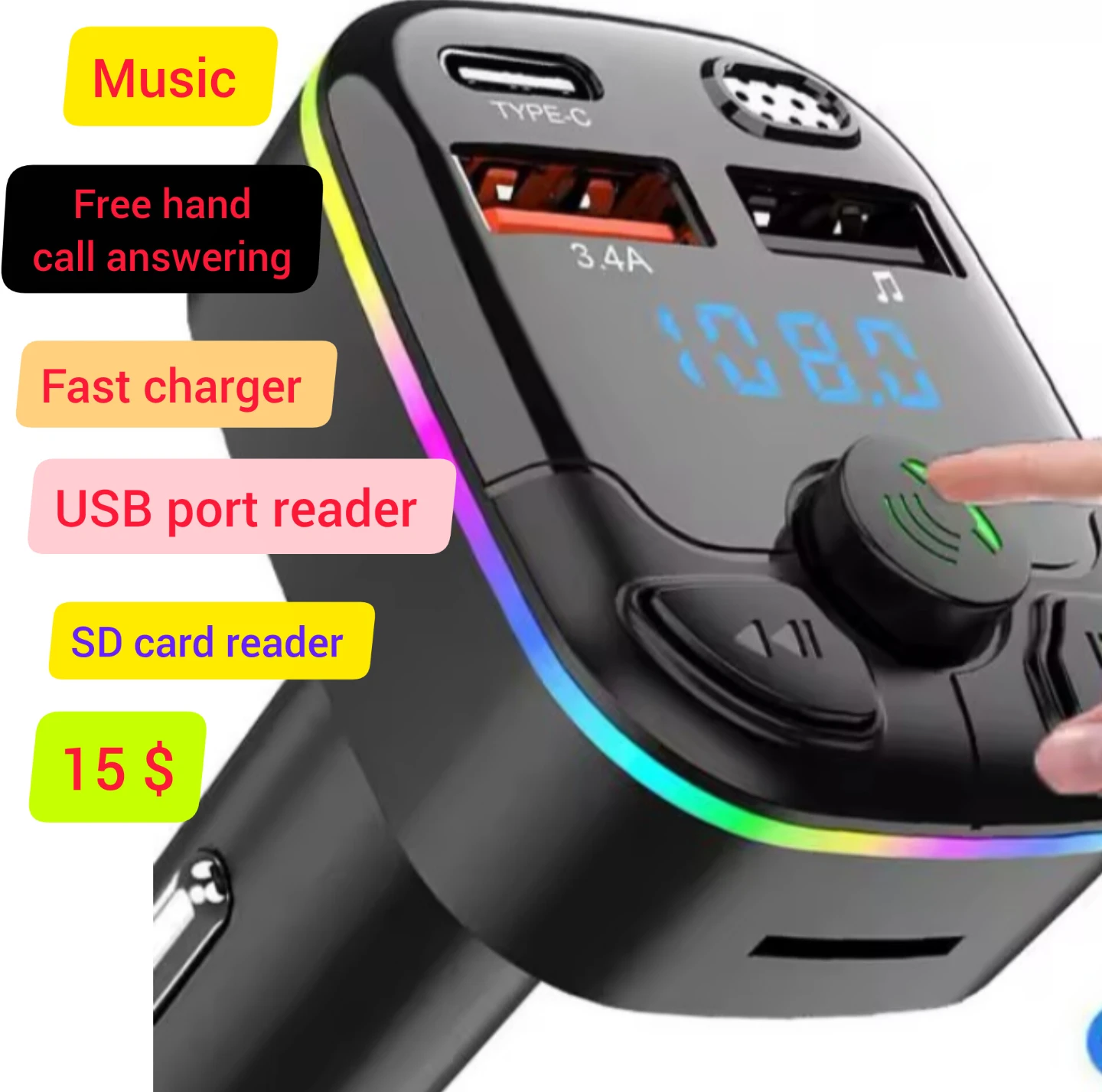 Car Charger with USB, SD Card Reader & Bluetooth
