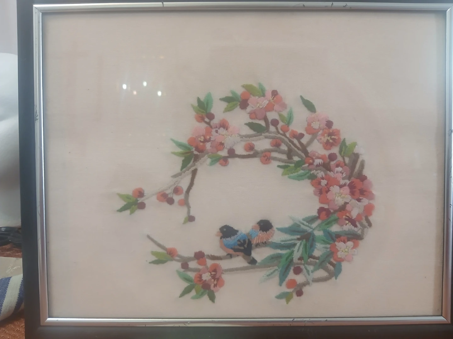 Framed Embroidered Wall Art - Birds and Flowers