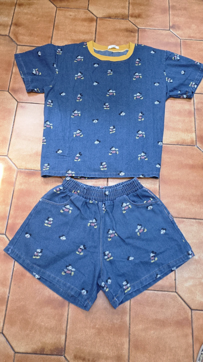 Denim Mickey Mouse Print T-shirt and Shorts Set - photo 2