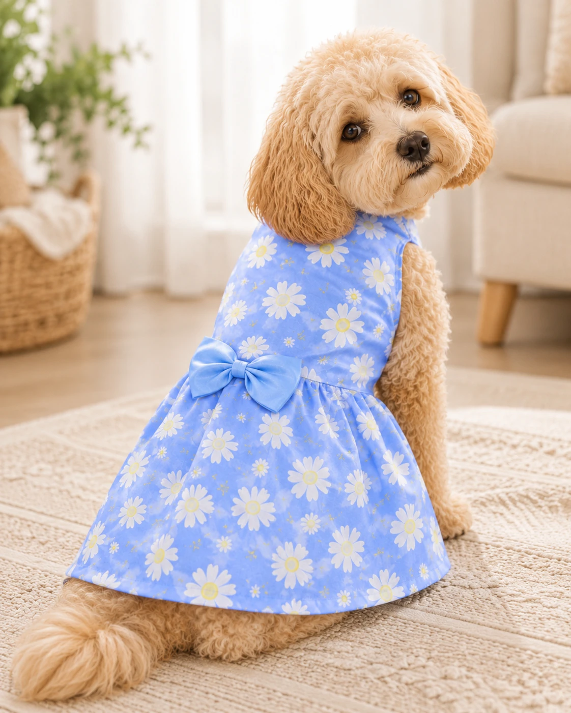 New Blue Dog Dress with Daisy Print and Bow
