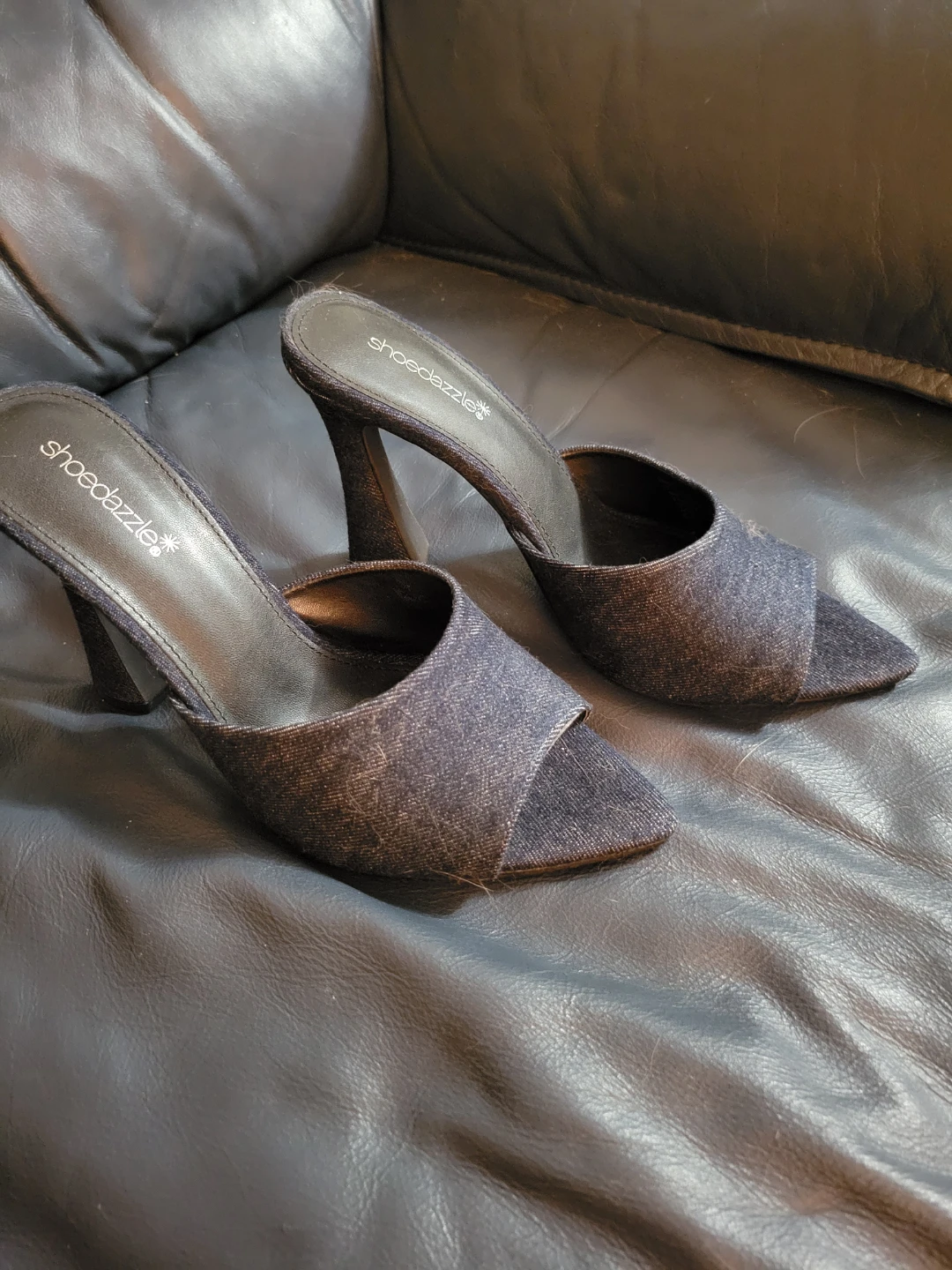 2 Pairs Ladies Mules: Denim Blue, Camel Swede, size 9