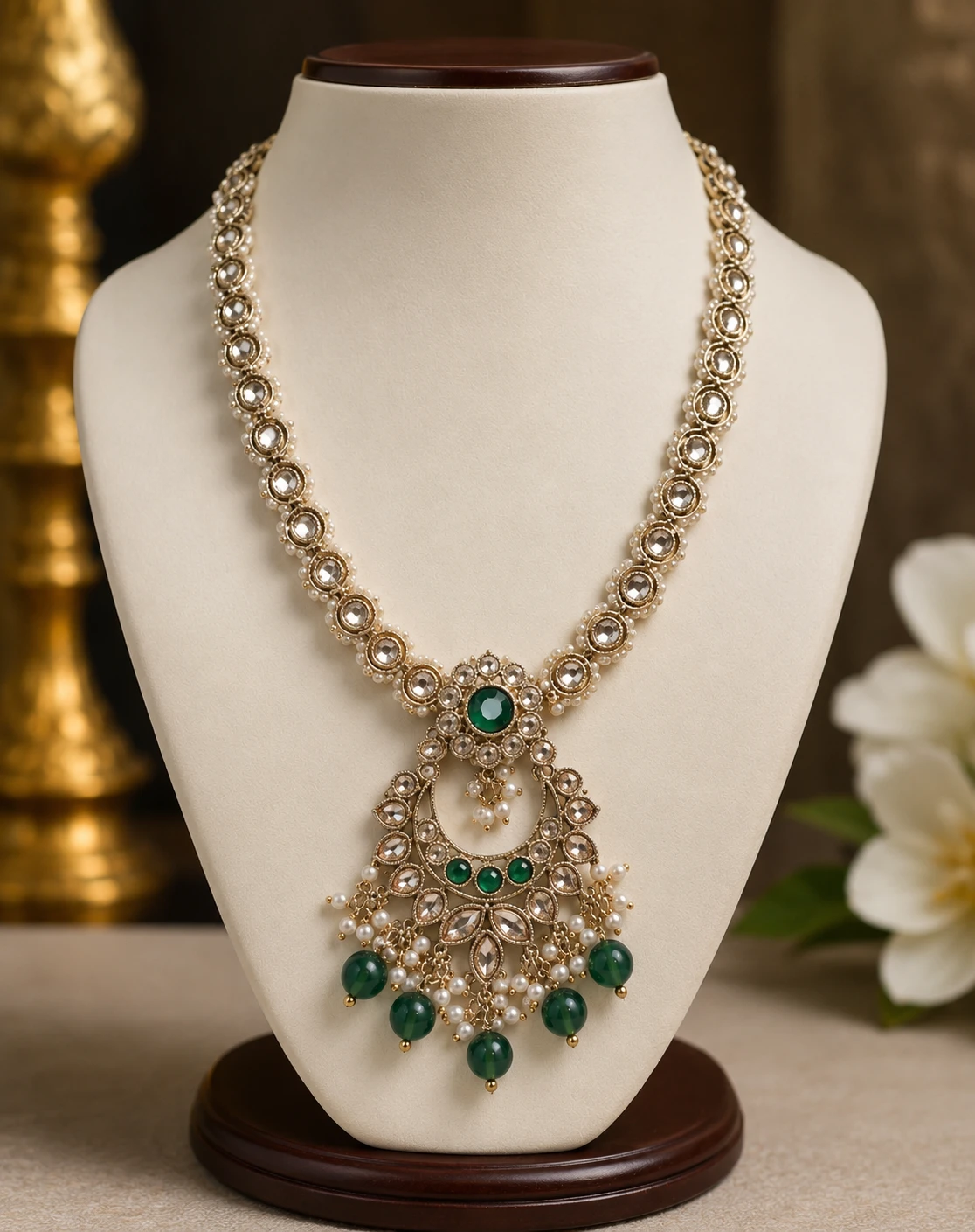 Elegant Green Kundan Pearl Necklace