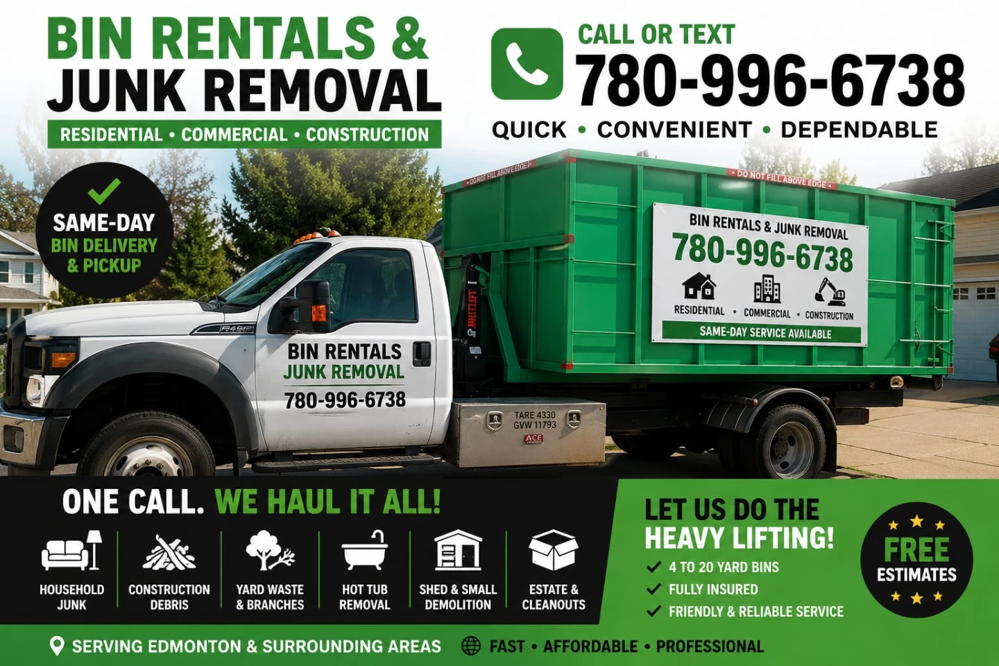 Bin for rent junk removal and tree cutting call 780 996 6738