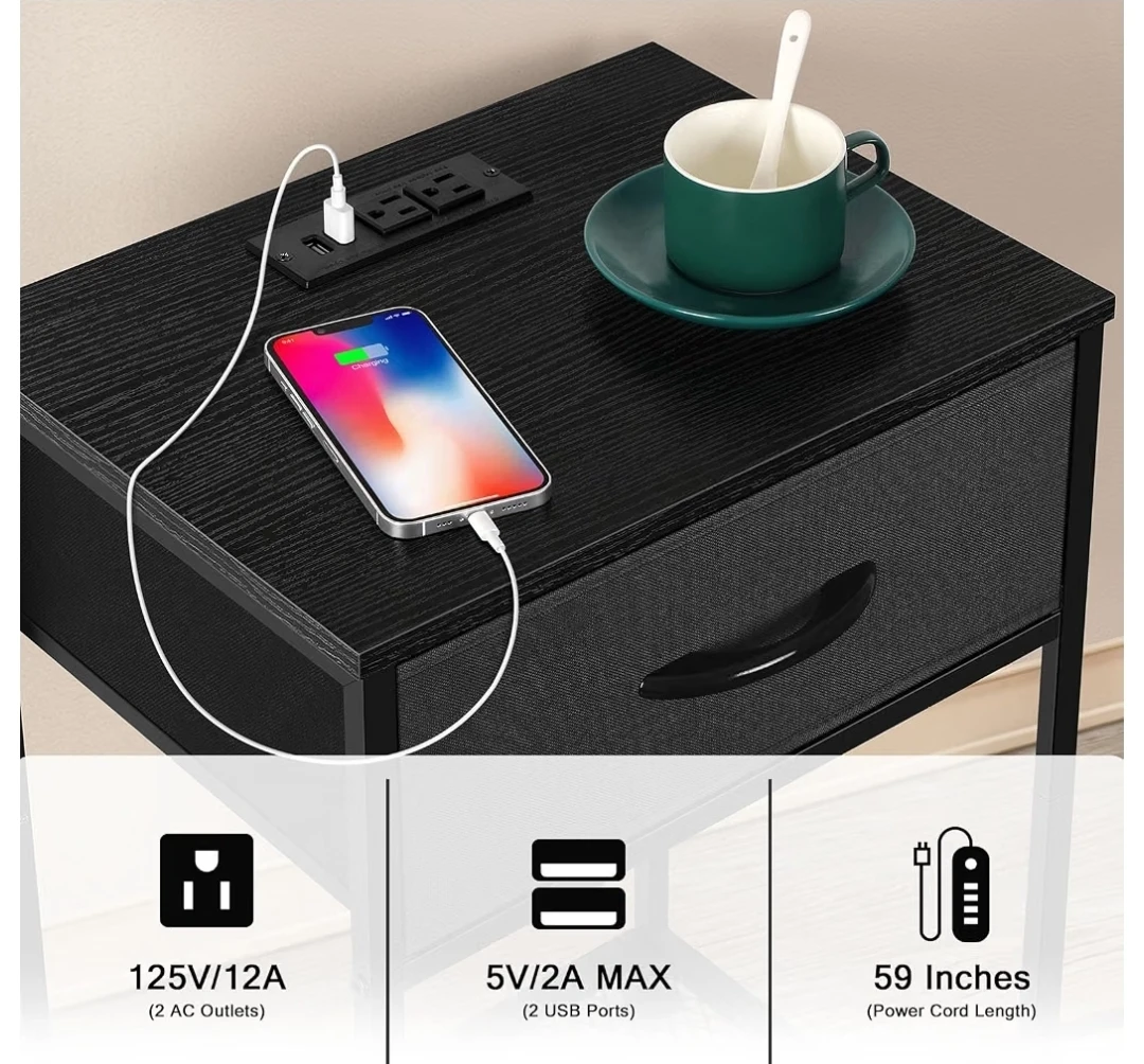 Black Nightstand with Drawer and Built-in Charging Station - photo 2
