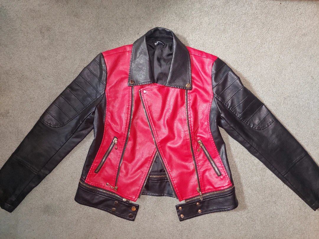 Red and Black Faux Leather Biker Jacket