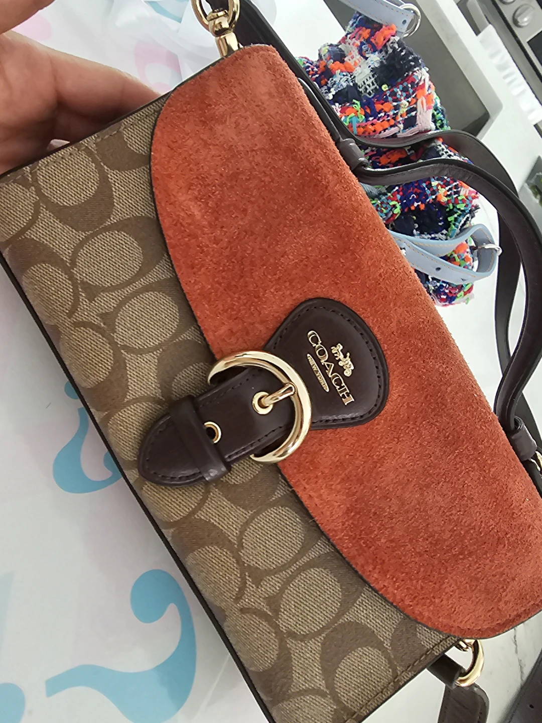 Coach Signature Print Shoulder Bag with Suede Flap