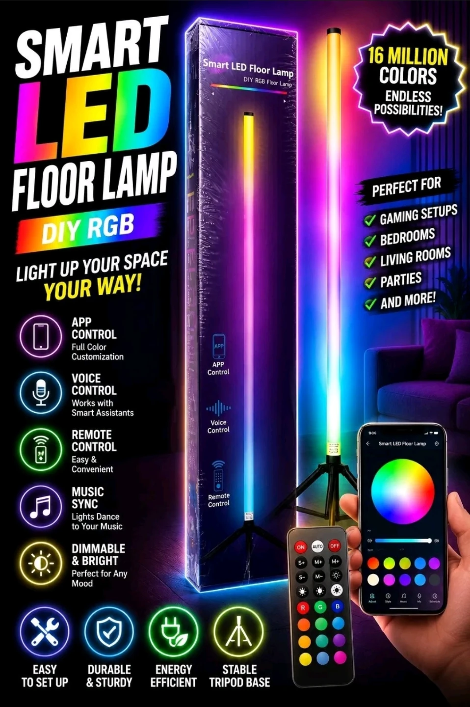 ❤️ Smart LED Floor Lamp RGB App Control Music Sync
