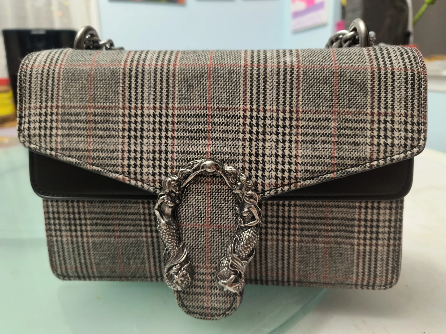 Plaid Shoulder Bag with Chain Strap