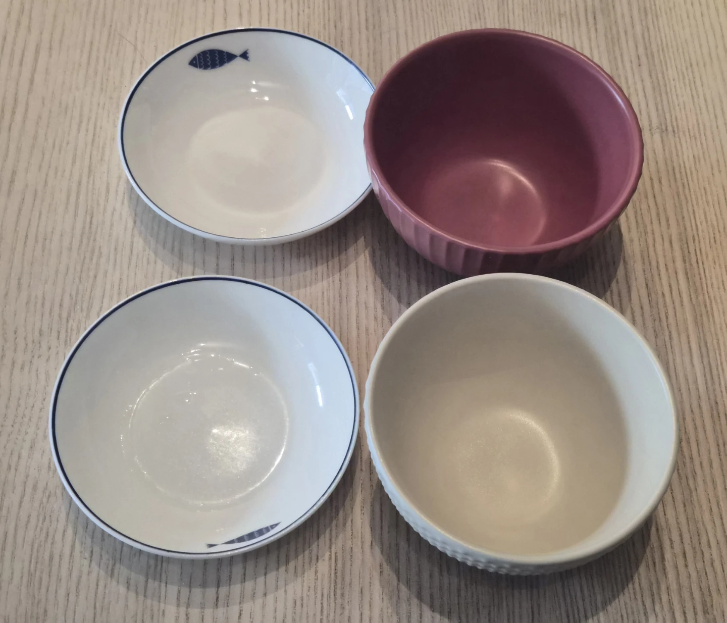 Glass cups, sauce dishes, and plastic plant