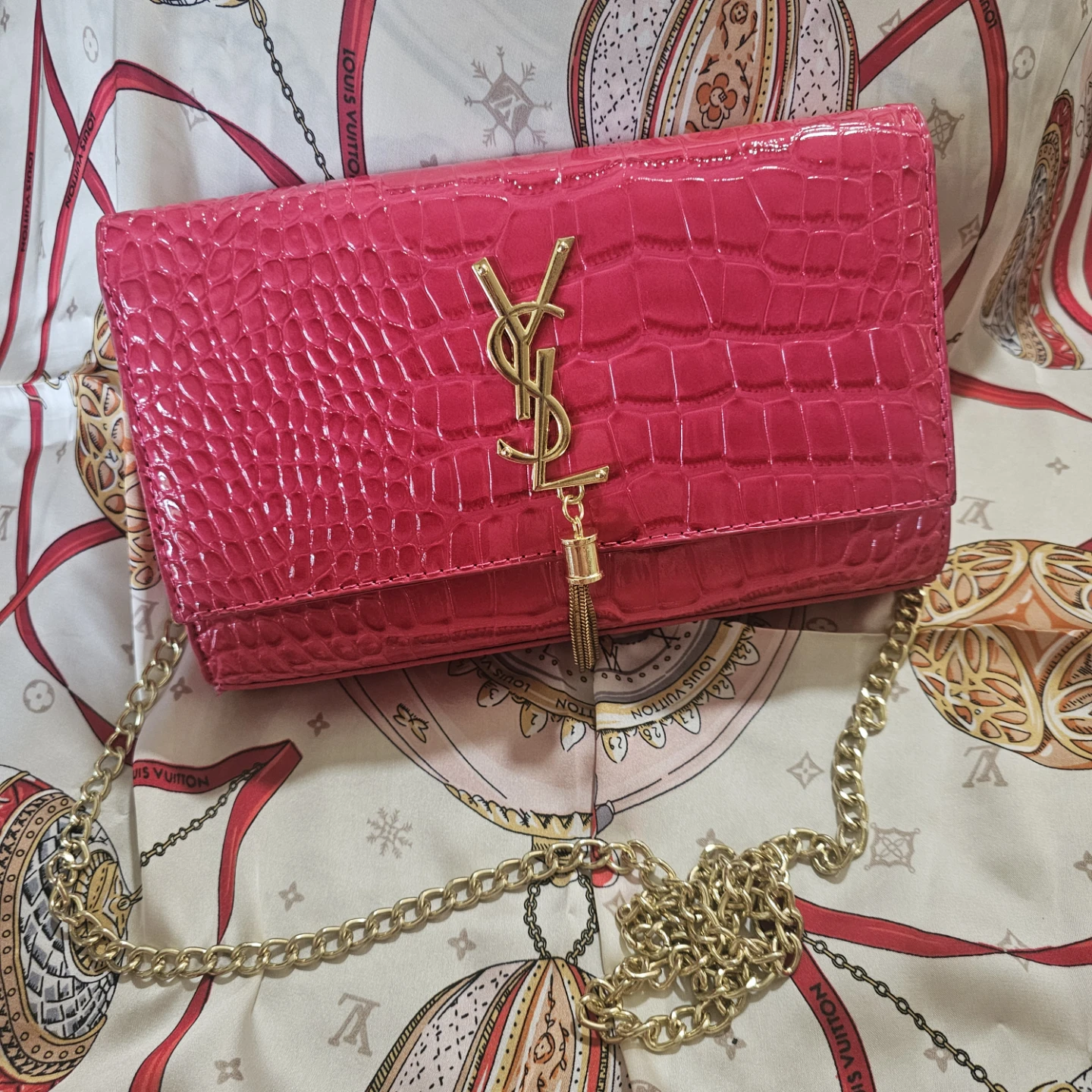 Pink Croc-Embossed Chain Wallet
